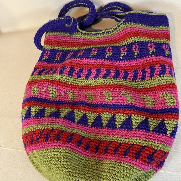 Hand Crocheted Purse Shoulder Bag Purple Pink Green Red Lined Well Made Boho - Picture 10 of 11